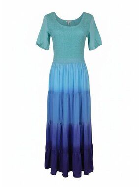 Phool Turquoise & Blue Ombre Maxi Dress Cotton Smocked Bodice Short Sleeves Wome